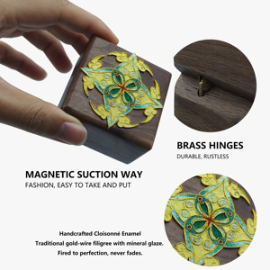 Handmade Cloisonne Enamel Ring Box - Walnut <strong>Wood</strong> with Auspicious Patterns Vintage - Product Image 2
