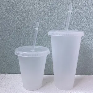 Zomergeschenken 16Oz 24Oz Doorzichtige Herbruikbare Plastic Drinkbeker Met Deksel En Rietje Koudwaterfles Pak Van 5 Lege Koffiemok