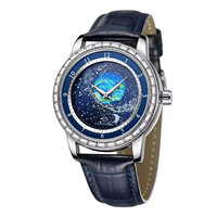 Nuevo Reloj Mecánico Automático con Esfera Giratoria de Cielo Estrellado, Tierra y Luna, Bisel con Pedrería, Correa de Cuero de Lujo para Hombre
