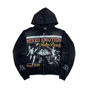 เสื้อฮู้ดซิปพิมพ์ลายฮิปฮอปประดับเพชร ทรงโอเวอร์ไซส์ ผ้าฝ้าย 100% สำหรับผู้ชายและผู้หญิง - Product Image 1