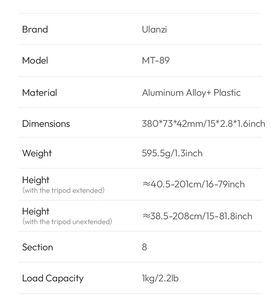 Trípode de Fotografía Ulanzi MT-89 de 2 Metros con Liberación Rápida, Soporte para Zapata Fría, Extensible de 8 Secciones, para Cámara de Acción y Teléfono - Product Image 5
