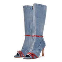 Bottes en jean pour femmes à bout ouvert, hauteur genou, avec boucle rouge décorative, fermeture éclair latérale, talon aiguille, pour soirée et mode