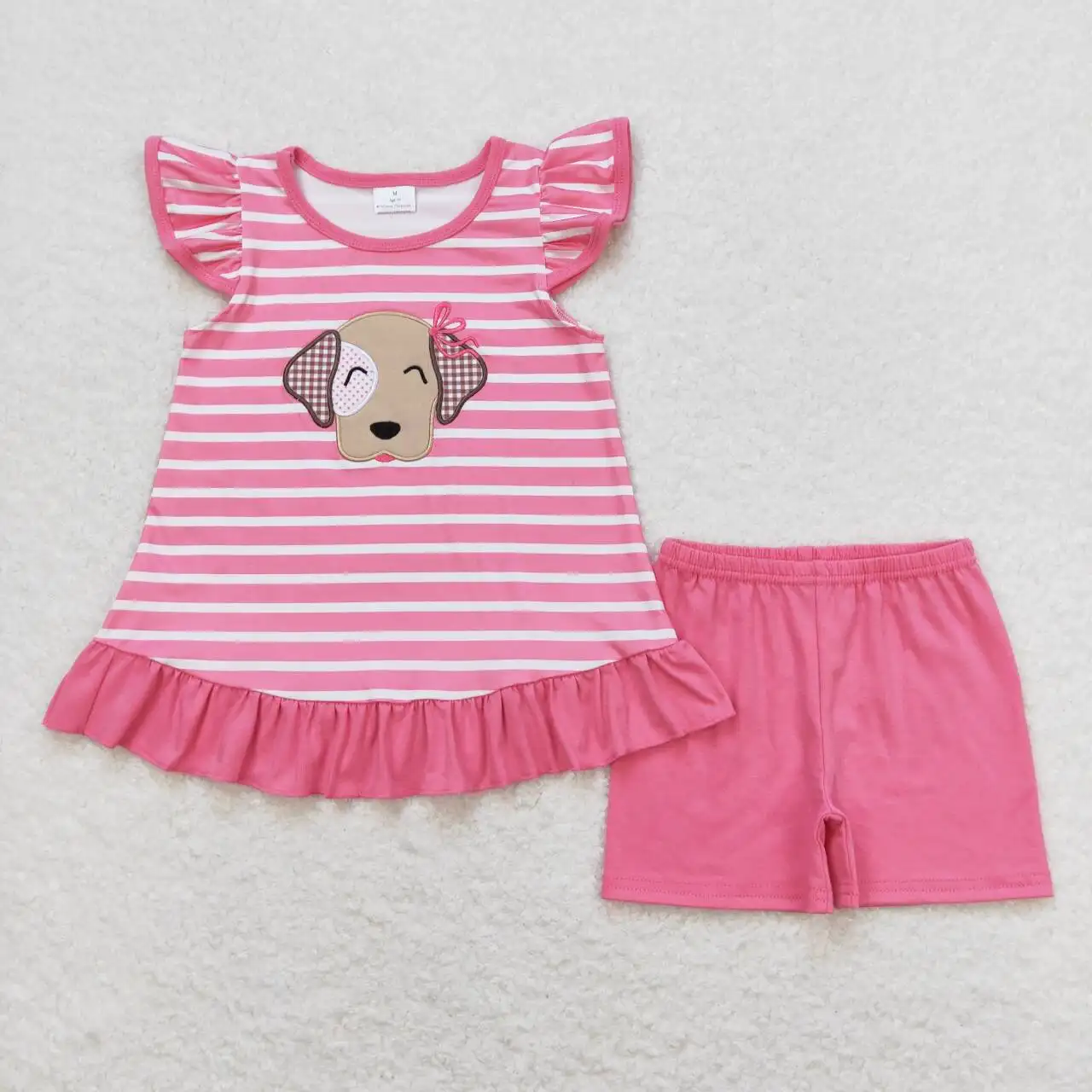 Ropa de bebé niña, traje bordado de perro a rayas rosas, conjunto de pantalones cortos de color sólido, ropa de boutique para niñas pequeñas