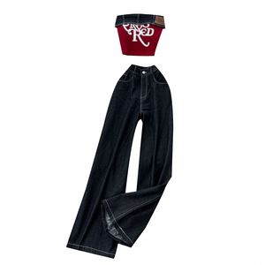 Ensembles Y2K d'été pour femmes : Haut bustier sans manches et ensemble en jean taille haute avec lettres, survêtements de jogging – Vente en gros - Product Image 5