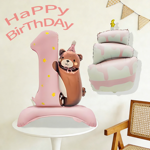 Ballons en feuille de designer Joyeux Anniversaire en forme de gâteau pour la décoration de fête du 1er anniversaire, ballons chiffres à hélium et ballon en feuille ours - Product Image 2