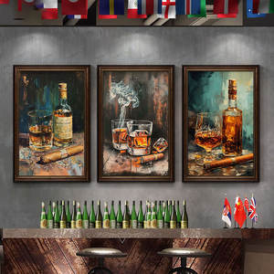 Peinture à l'huile décorative rétro nostalgique sur le thème de la musique, des bars, de la culture du vin, des cocktails, des spiritueux étrangers, du whisky et des cigares, encadrée et à suspendre - Product Image 5