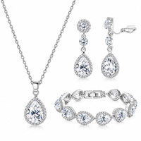 Parure de bijoux en strass goutte d'eau, collier, bracelet, boucles d'oreilles clipsables, couleur argent, bleu transparent, accessoires de mode pour femme pour les soirées