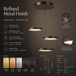 Luminaire suspendu LED moderne à 3 disques, lampe ronde superposée, luminaire de plafond en métal brossé pour salle à manger, villa, hôtel, OEM ODM - Product Image 3