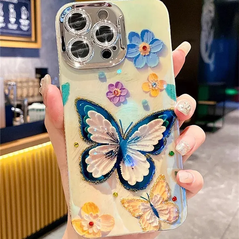 Flash lens film oil painting Butterfly flower phone case for iPhone15promax Apple 14 13 12 11 all-inclusive fall protection case