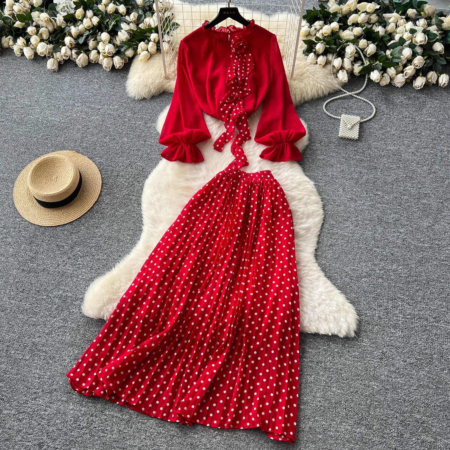 Maxi Skirt Red Polka Dot Skirt 3d Chiffon Fabric Chiffon Maxi