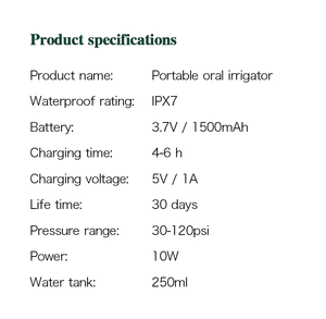 Hydropulseur <span class=keywords><strong>Dentaire</strong></span> Électrique Intelligent Portable Sans Fil en Plastique, Rechargeable USB Type-C, 3 Modes, IPX7, Usage Domestique - Product Image 6