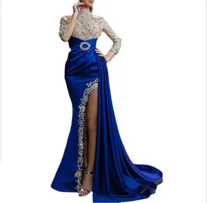 Nouvelle robe de soirée européenne et américaine robe de soirée pour femmes robe col rond saupoudrée d'or bleu jupe longue