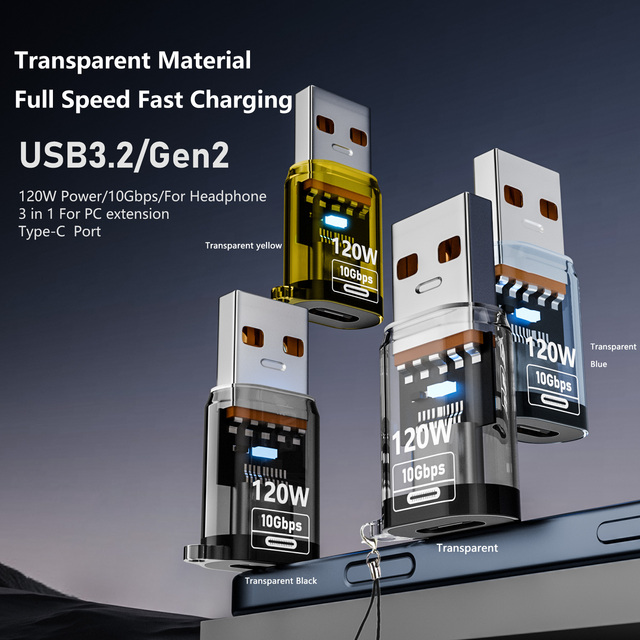 120W USB 3.2 Gen2 OTG Adapter, USB-A to USB-C with 4 Colors LED, 10Gbps Fast Charging & Data, AC Powered for Phone Laptop