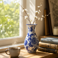 Vase en céramique de porcelaine Redeco, peint à la main, motif lotus traditionnel, détails floraux orientaux classiques pour la décoration du salon