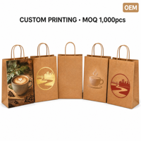 Sacs en papier kraft personnalisés avec logo OEM, poignées plates en corde, pour emballage alimentaire à emporter, sacs de vente au détail et de shopping