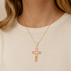 Colar com Pingente Crucifixo em Latão Banhado a Ouro 14k com Zircônia Cúbica Rosa, Joia Hip Hop Religiosa de Jesus para Homens e Mulheres - Product Image 2