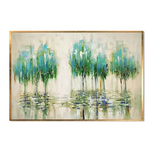 Tranh sơn dầu trên vải nghệ thuật cảnh quan trừu tượng cây hồ màu xanh nhạt phản chiếu trong nước tinh khiết vẽ tay trang trí