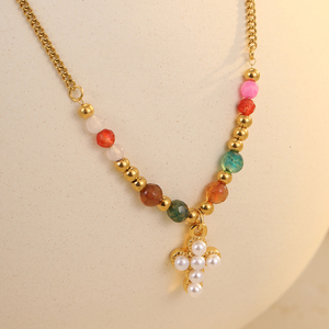 Nouveautés NIMAI : Collier manuel en perles <span class=keywords><strong>de</strong></span> pierre naturelle avec pendentif croix solaire pour femme, collier statement, lot <span class=keywords><strong>de</strong></span> 2 pièces - Product Image 4