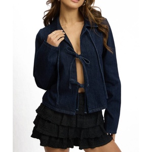 New Design Custom Logo Mid Wash Summer <b>Button</b> <b>Jean</b> Denim Jacket for Women Casual Long Sleeve Tie-up - Product Image 1