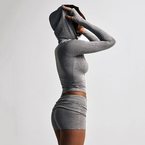 Conjunto de Sudadera con Capucha y Pantalones Cortos de Color Sólido para Mujer, Sudadera con Capucha Ajustada con Cierre, Ropa Deportiva Informal de Dos Piezas, Ropa de Calle - Product Image 2