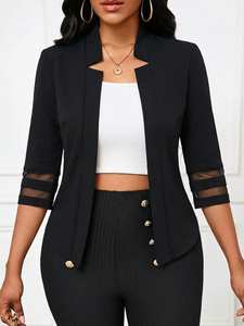 <span class=keywords><strong>Manteau</strong></span> de costume de bureau pour <span class=keywords><strong>femme</strong></span> noir à col montant, respirant, avec manches 3/4 en maille et devant ouvert - Product Image 4