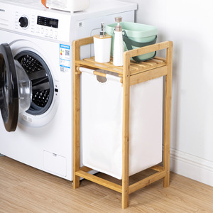 Laundry Hamper Bamboo <b>Frame</b> <b>Canvas</b> Bag Storage Rack <b>For</b> Dirty Clothes Bathroom Organizer Standing Type Rectangle Shape - Product Image 1