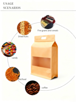 Sachets Doypack en papier kraft en stock avec fenêtre de visualisation, scellage huit côtés, impression en héliogravure pour l'emballage d'épices, de café, de sushis et de lait