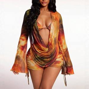 Traje de baño de tres piezas para mujer, estilo bikini, con blusa de manga larga con cordones y estampado sexy, y bóxers ajustados, estilo europeo-<span class=keywords><strong>americano</strong></span> transfronterizo. - Product Image 1