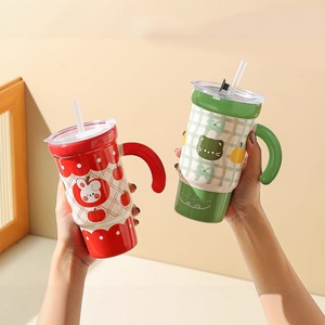 <b>Cute</b> Cartoon Ceramic Tumbler With Straw And Lid 550ml For Cold /Hot Drinks - Product Image 3