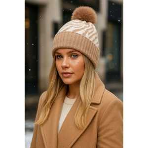 Bonnet doublé de laine à motif zèbre camel, bonnet importé BERE1138 - Product Image 4