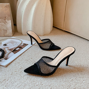 New Arrival Open <b>Toe</b> Pointed High <b>Heels</b> Mules Fashionable Rhinestone Slippers Lightweight Breathable High Top PU Shoes - Product Image 1