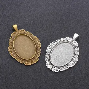 100pcs 30x40mm Inner Size Antique Silver Plated Flower Style Cameo Cabochon Base Setting Charms Pendant necklace findings