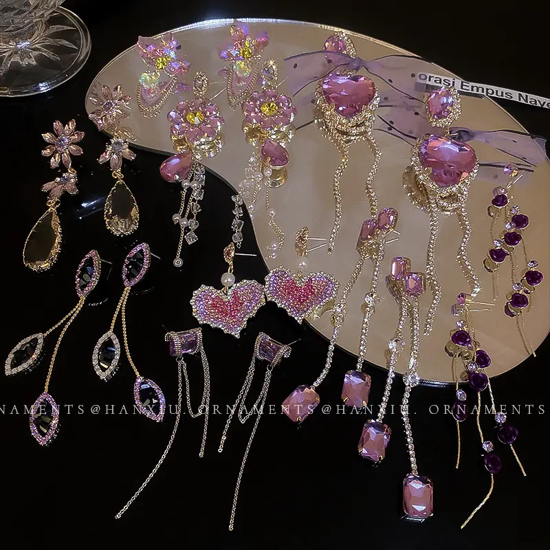 S925 Sliver Needle Fashion Tear Drop Earrings Women Jewelry Heart Diamond Earrings Purple Series Long Tassel Earrings