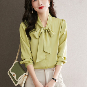 Camicie in Raso da Donna Stile Coreano Manica Lunga con Colletto a Fiocco Primaverile Elegante Camicetta <span class=keywords><strong>Blu</strong></span> da Ufficio <span class=keywords><strong>Camicia</strong></span> Casual - Product Image 2