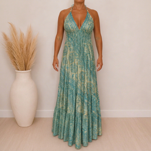 Vestido Maxi de Mujer con Estampado Paisley Verde, Estilo Boho, Cuello en V, Cintura Elástica, Corte Regular, Tejido 100% Seda, Ropa Casual de Verano - Product Image 1