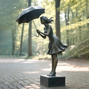 Sculpture de jardin extérieure, sculpture de fille en bronze grandeur nature avec parapluie pour la décoration paysagère - Product Image 5