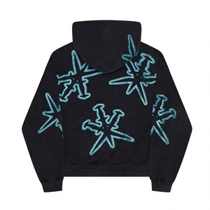 <b>Men's</b> Black Rhinestone Hooded Sweatshirt Oversized Streetwear Glitter Print Front Logo Knitted Cotton <b>Pullover</b> - Product Image 2