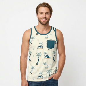 Camiseta sin mangas con estampado tropical para hombre, chaleco informal de algodón con cuello redondo y bolsillo para verano - Product Image 5