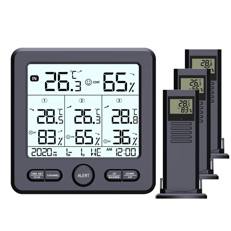 Jam Kamar Dipasang 1 Kawat Monitor Nirkabel Pintar dengan, Alarm Bel Kelembaban Digital dan Higrometer Pengukur Suhu