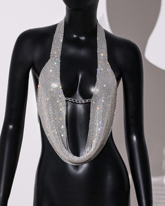 Top Corto da Donna con Spalline e Collo all'Americana in Metallo, Abbigliamento Femminile con Strass e Paillettes per Nightclub - Product Image 3
