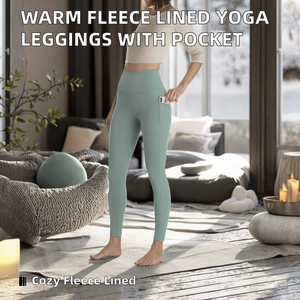 Leggings chauds pour femmes en spandex/nylon doublés de polaire, taille haute, couleur unie, avec poche, pour l'automne, l'hiver, le yoga et l'entraînement - Product Image 2