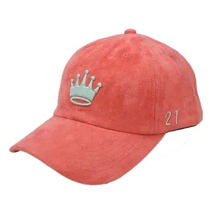 OEM Girls Pink Embroidered Suede 6 Panel Dad Hats Unstructured with Buckle Made In China