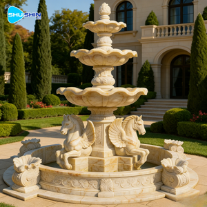 Fontana d'Acqua a 3 Livelli in Marmo Bianco Scolpito a Mano, Personalizzata per Giardino Esterno, con Cavallo, per Chiesa/Cimitero - Product Image 2
