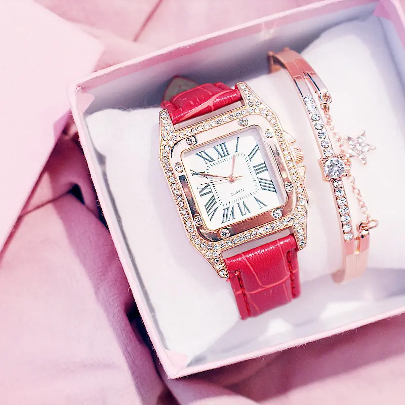 Hot selling wholesale gift box ladies fashion leather strap square diamond watch bracelet gift stone ladies British watch set