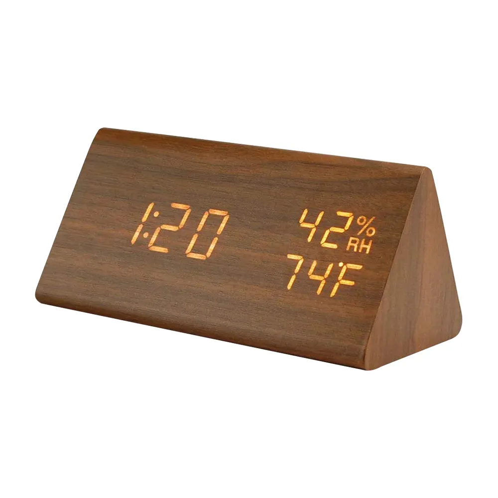 adjustable brightness and voice control prime led wooden alarm clocks desk table triangle clock with time temperature