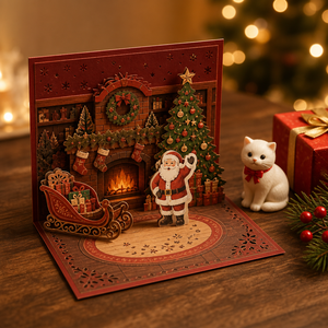 Carte de Noël 3D Pop-up au design original ZS-PC0228, cheminée, sapin, traîneau du Père Noël, chaussettes, chat, découpée au laser - Product Image 2