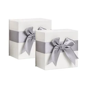 在线热卖环保产品回收双色项链纸可折叠礼品盒珠宝灰色蝴蝶结丝带