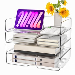 Plastic Paper Organizer 4-Tier Clear Office &amp; School Use <strong>Stackable</strong> 33x25x28cm PET <strong>Desk</strong> File <strong>Tray</strong> - Product Image 1