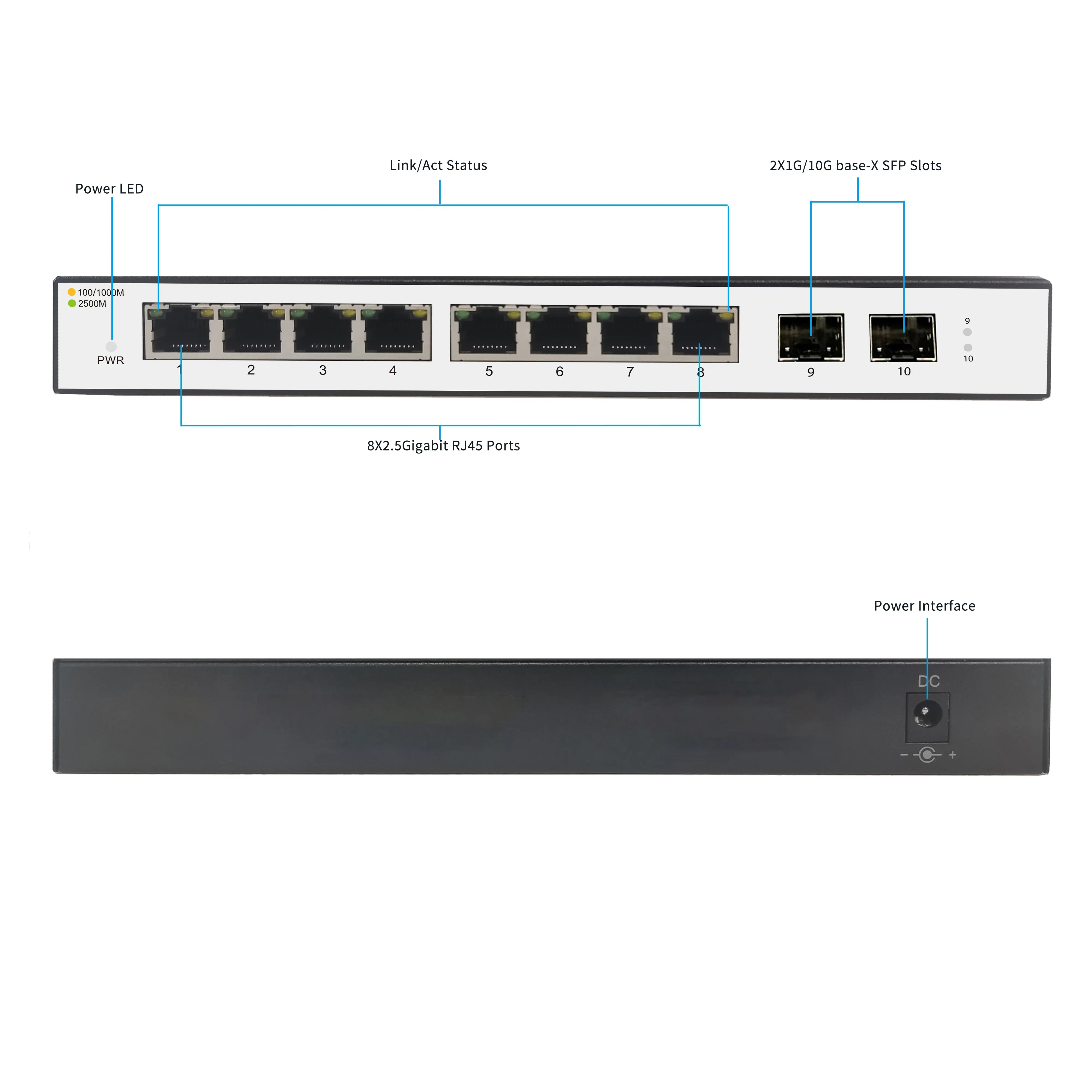 2.5G Access 8-Port Ethernet Dump Switch Easy-to-Use 10 Gigabit Uplink Supports 1000M Base-X SFP Network Switches