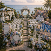 Ensemble complet de mariage thème Romantisme de Jardin Côtier, Arche d'hortensias bleus et roses, Centre de table en mousseline transparente, Toile de fond, Vente en gros OEM à guichet unique